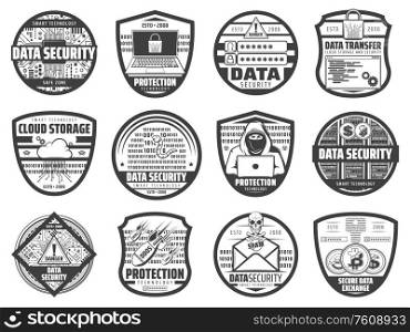 Internet data security, information and cloud storage access protection, vector icons. Secure bitcoin cryptocurrency transaction, hacker attack and spam, private data storage and web security systems. Data security, hacker attack web protection icons