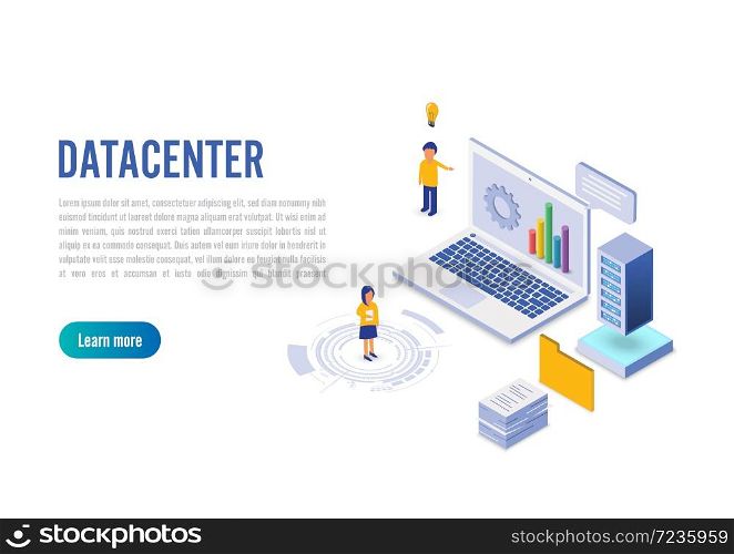 Internet datacenter connection, administrator of web hosting concept. Character and text for services. Technology center hardware software database for safe server. Flat isometric vector illustration. Vector EPS10