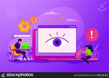 Internet defamation, persistent stalking. Privacy assault, obsessed stalker. Cyberstalking, pursuit of social identity, online false accusations concept. Vector isolated concept creative illustration. Cyberstalking concept vector illustration