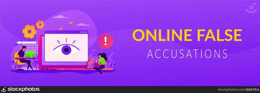 Internet defamation, persistent stalking. Privacy assault, obsessed stalker. Cyberstalking, pursuit of social identity, online false accusations concept. Header or footer banner template with copy space.. Cyberstalking web banner concept