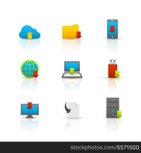 Internet download symbols collection for computer and mobile electronic devices glossy pictograms set isolated vector illustration