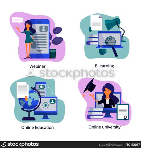 Internet education. Web classroom for distance tutorials online courses and webinars virtual trainings vector illustrations. Knowledge and education, training distance tutorial. Internet education. Web classroom for distance tutorials online courses and webinars virtual trainings vector illustrations