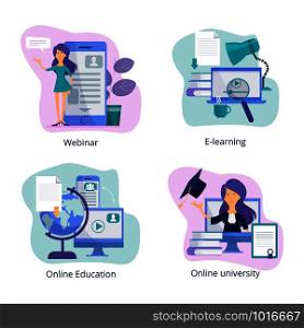 Internet education. Web classroom for distance tutorials online courses and webinars virtual trainings vector illustrations. Knowledge and education, training distance tutorial. Internet education. Web classroom for distance tutorials online courses and webinars virtual trainings vector illustrations