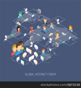 Internet forum concept with isometric people avatars speech bubbles and world map vector illustration. Internet Forum Concept