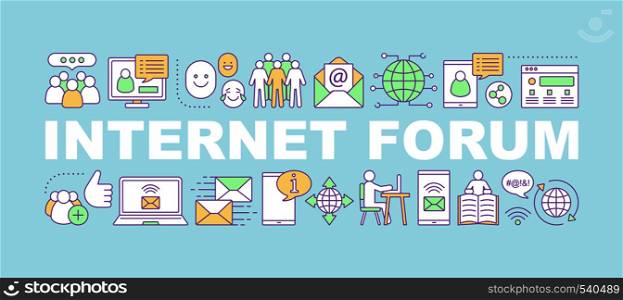 Internet forum word concepts banner. Social media. Chatting. Isolated lettering typography idea with linear icons. Online communication. Networking. Vector outline illustration. Internet forum word concepts banner