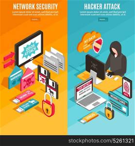Internet Hacker Banners. Vertical internet hacker attack and network security colorful banners set isolated isometric vector illustration