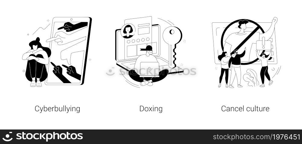 Internet harassment abstract concept vector illustration set. Cyberbullying and doxing, cancel culture, private content, celebrity shaming, hacker attack, social media boycott abstract metaphor.. Internet harassment abstract concept vector illustrations.