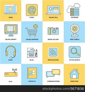Internet icons flat line set of video e-mail online talk isolated vector illustration