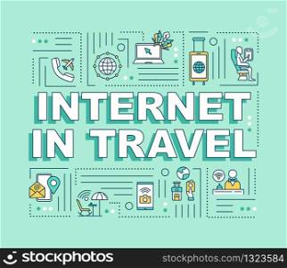 Internet in travel concepts banner. Transient roamer, inflight and hotel Wi-fi. Infographics with linear icons on blue background. Isolated typography. Vector outline RGB color illustration