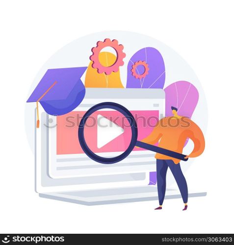 Internet lessons searching. Remote university, educational programs, online classes website. High school student with magnifying glass cartoon character. Vector isolated concept metaphor illustration.. Internet lessons searching vector concept metaphor.