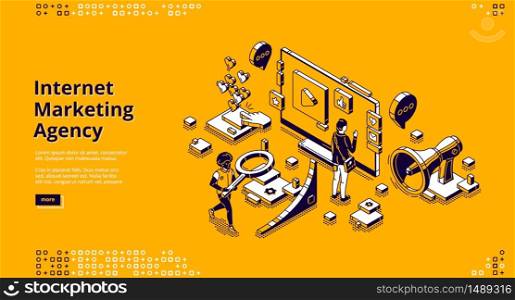 Internet marketing agency banner. Strategy of promotion and advertising company in social media and web. Vector landing page with isometric working people, computer and megaphone. Vector landing page for internet marketing agency