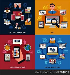 Internet marketing design concept with mobile apps for online shopping, seo, digital advertising isolated vector illustration. Internet Marketing Design Concept 