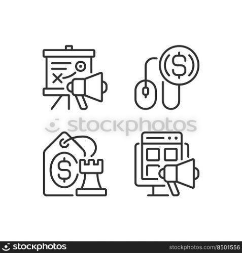 Internet marketing strategies pixel perfect linear icons set. Pay per click. Best price. Online promotion. Customizable thin line symbols. Isolated vector outline illustrations. Editable stroke. Internet marketing strategies pixel perfect linear icons set