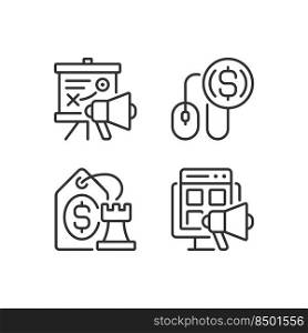 Internet marketing strategies pixel perfect linear icons set. Pay per click. Best price. Online promotion. Customizable thin line symbols. Isolated vector outline illustrations. Editable stroke. Internet marketing strategies pixel perfect linear icons set