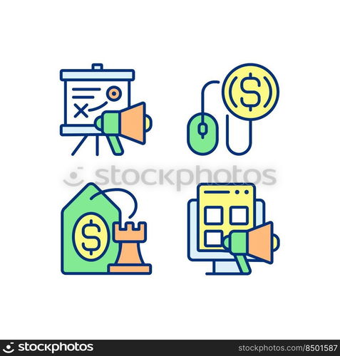 Internet marketing strategies pixel perfect RGB color icons set. Pay per click. Best price. Online promotion. Isolated vector illustrations. Simple filled line drawings collection. Editable stroke. Internet marketing strategies pixel perfect RGB color icons set