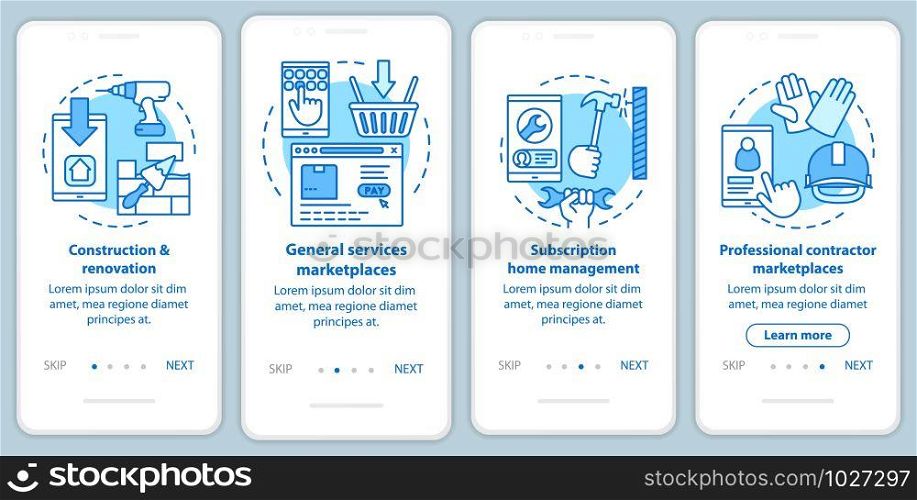 Internet marketplaces onboarding mobile app page screen with linear concepts. E commerce, customer services walkthrough steps graphic instructions. UX, UI, GUI vector template with illustrations