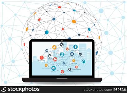 Internet networking concept and Cloud computing technology. Laptop with Smart city in background with different icon and elements.Internet of things/Smart city