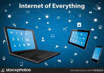 Internet of everything (IOE) concept with different icon and elements. Digital Network Connection Modern communication technology. Laptop, Tablet Pc and Smart Phone with apps.