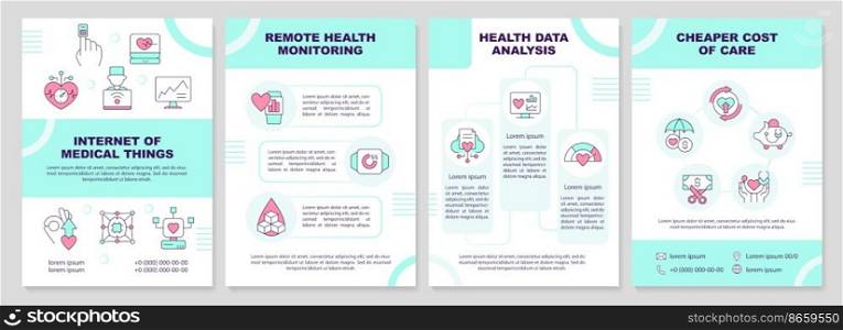 Internet of medical things turquoise brochure template. Leaflet design with linear icons. Editable 4 vector layouts for presentation, annual reports. Arial-Black, Myriad Pro-Regular fonts used. Internet of medical things turquoise brochure template