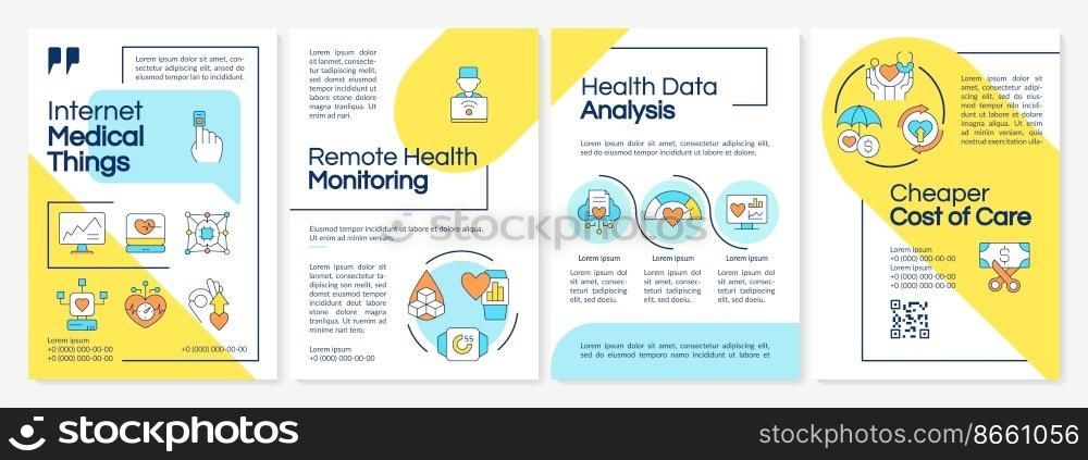Internet of medical things yellow and blue brochure template. Leaflet design with linear icons. Editable 4 vector layouts for presentation, annual reports. Questrial, Lato-Regular fonts used. Internet of medical things yellow and blue brochure template