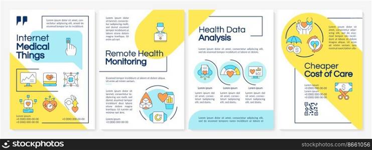 Internet of medical things yellow and blue brochure template. Leaflet design with linear icons. Editable 4 vector layouts for presentation, annual reports. Questrial, Lato-Regular fonts used. Internet of medical things yellow and blue brochure template