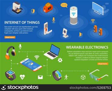 Internet Of Things 2 Isometric Banners . Wearable electronic devices and internet of things iot 2 isometric infographic banners webpage design isolated vector illustration