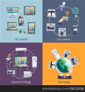 Internet of things 4 flat icons. Internet of things iot smart home comfort 4 flat icons composition square banner abstract isolated vector illustration