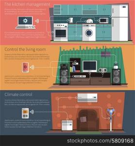 Internet of things climate control and kitchen management flat banners set home appliances abstract vector isolated illustration. Internet things flat banners set