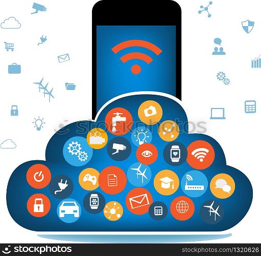 Internet of things concept and Cloud computing technology with different icon and elements. Internet of things cloud with apps.