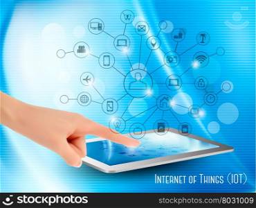 Internet of Things concept (IoT). Hand holding a tablet or smartphone, revealing a net of wireless controlled devices. Vector.