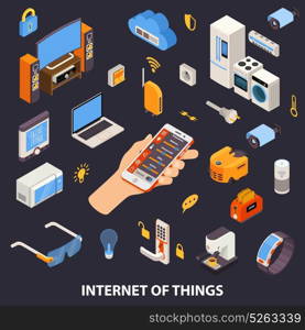 Internet Of Things Control Isometric Poster. Internet of things home automation system with remote control device in owners hand isometric poster vector illustration