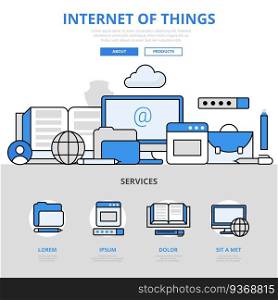 Internet of things digital electronics smart device sensor network connection concept flat line art vector icons. Modern website infographics illustration hero image web banner. Lineart collection.
