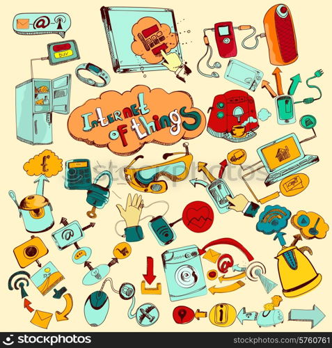 Internet of things doodles colored set with remote control home network elements vector illustration. Internet Of Things Doodles Colored