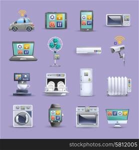 Internet of things flat icons set. Internet of things remote control providing home comfort worldwide flat icons collection poster abstract isolated vector illustration