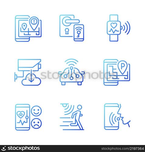 Internet of things gradient linear vector icons set. Wireless technology. Remote access. IoT appliance. Thin line contour symbol designs bundle. Isolated outline illustrations collection. Internet of things gradient linear vector icons set