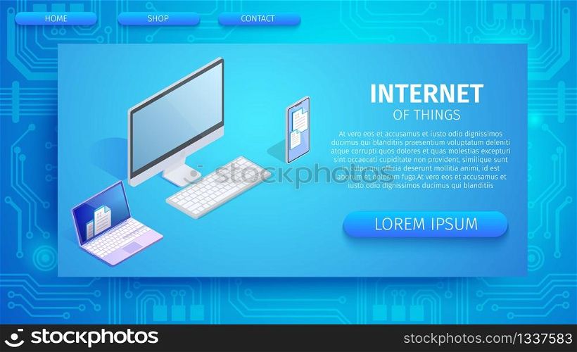 Internet of Things Horizontal Banner, Copy Space. Computer System or Workstation. Electronic Devices Connected with Network on Blue Neon Glowing Gradient Background. 3D Isometric Vector Illustration.. Internet of Things Horizontal Banner, Copy Space.