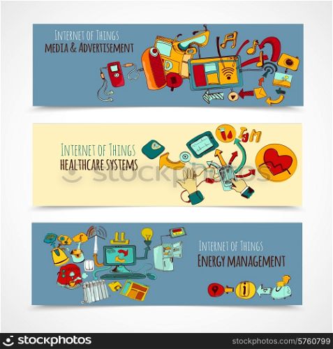 Internet of things horizontal banners set with media advertisement healthcare systems energy management sketch elements isolated vector illustration. Internet Of Things Banners