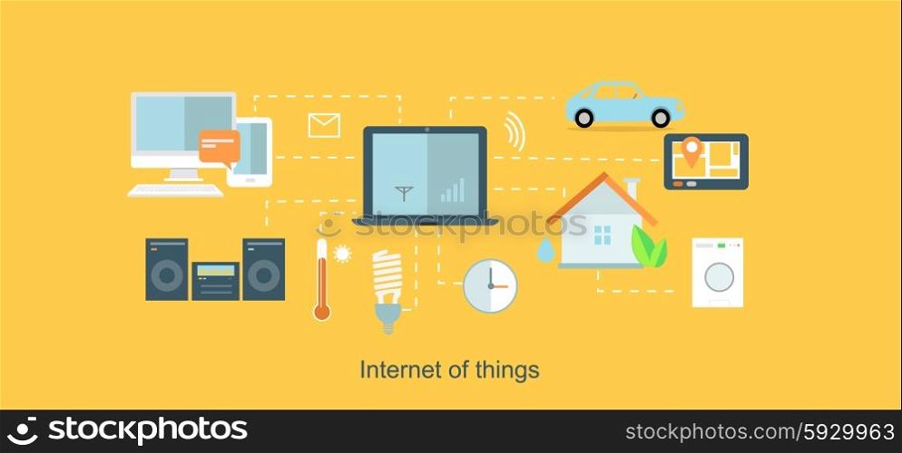 Internet of things icon flat design. Network and iot technology, web and smart home, mobile digital, wireless connect, communication equipment illustration