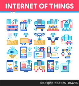 Internet Of Things IOT Collection Icons Set Vector Thin Line. Wifi Signal In Bus And Truck, Cctv Camera And Drone Internet Of Things Concept Linear Pictograms. Color Contour Illustrations. Internet Of Things Collection Icons Set Vector