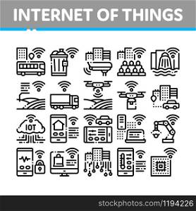 Internet Of Things IOT Collection Icons Set Vector Thin Line. Wifi Signal In Bus And Truck, Cctv Camera And Drone Internet Of Things Concept Linear Pictograms. Monochrome Contour Illustrations. Internet Of Things Collection Icons Set Vector
