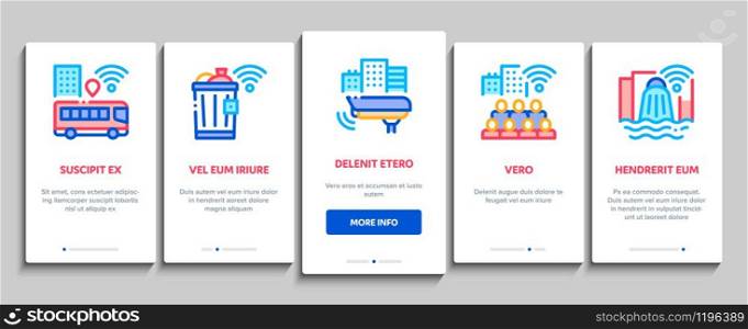 Internet Of Things IOT Onboarding Mobile App Page Screen Vector. Wifi Signal In Bus And Truck, Cctv Camera And Drone Internet Of Things Concept Linear Pictograms. Color Contour Illustrations. Internet Of Things Onboarding Elements Icons Set Vector