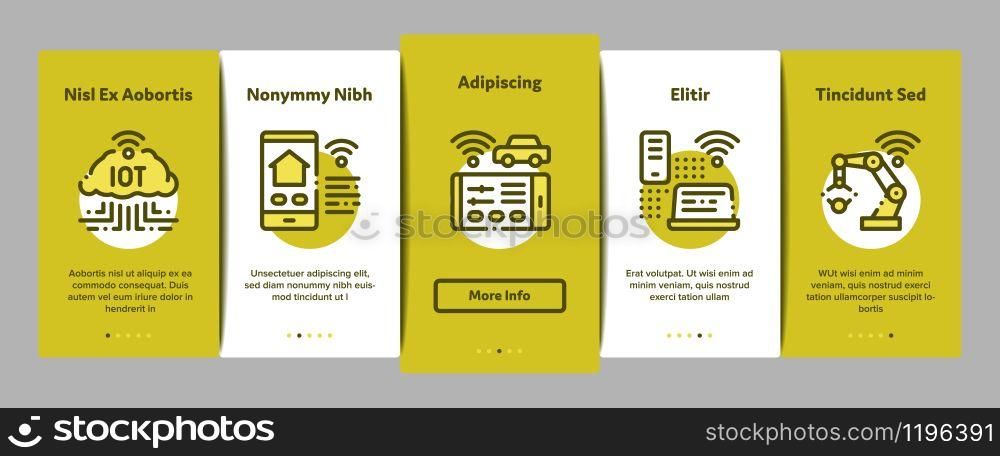 Internet Of Things IOT Onboarding Mobile App Page Screen Vector. Wifi Signal In Bus And Truck, Cctv Camera And Drone Internet Of Things Concept Linear Pictograms. Color Contour Illustrations. Internet Of Things Onboarding Elements Icons Set Vector