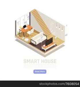 Internet of things isometric design concept illustrated interior of living room equipped with router robot cleaner smart tv speaker assistant vector illustration