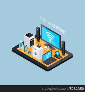 Internet Of Things Isometric Poster . Internet of things isometric composition poster with remote computer controlled household appliances on smartphone screen background vector illustration