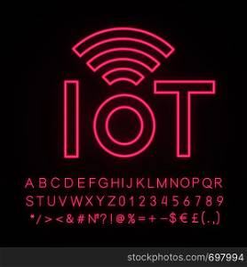 Internet of things neon light icon. IoT signal. Artificial intelligence. Glowing sign with alphabet, numbers and symbols. Vector isolated illustration. Internet of things neon light icon