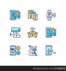 Internet of things pixel perfect RGB color icons set. Wireless technology. Remote access. IoT appliance. Isolated vector illustrations. Simple filled line drawings collection. Editable stroke. Internet of things pixel perfect RGB color icons set