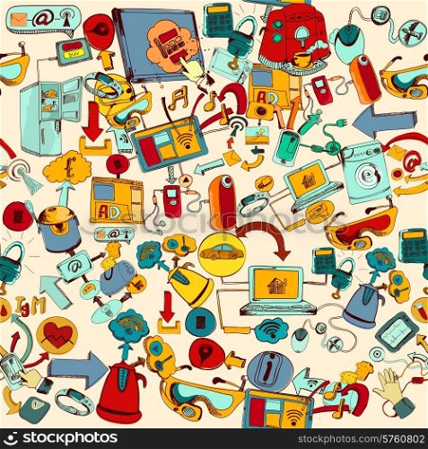Internet of things remote management systems hand drawn seamless pattern vector illustration. Internet Of Things Seamless