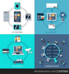 Internet of things smart home 4 flat icons composition of remote controlled comfort abstract isolated vector illustration. Internet of things flat icons composition