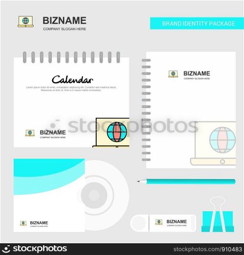 Internet on Laptop Logo, Calendar Template, CD Cover, Diary and USB Brand Stationary Package Design Vector Template