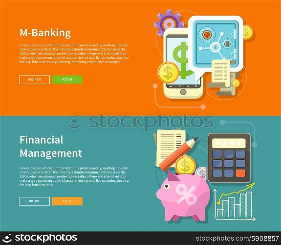 Internet online banking. Money exchange m banking. Accounting with digitial caculator. Financial management concept with item icons graph, pig, calculator, document page in flat design